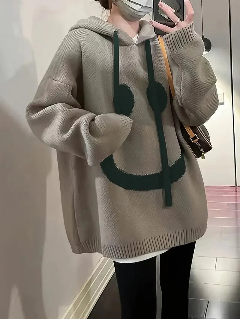 Happy Face Graphic Drawstring Hoodie, Relaxed Fit Long Sleeve Drop Shoulder Top, Women's Fashion