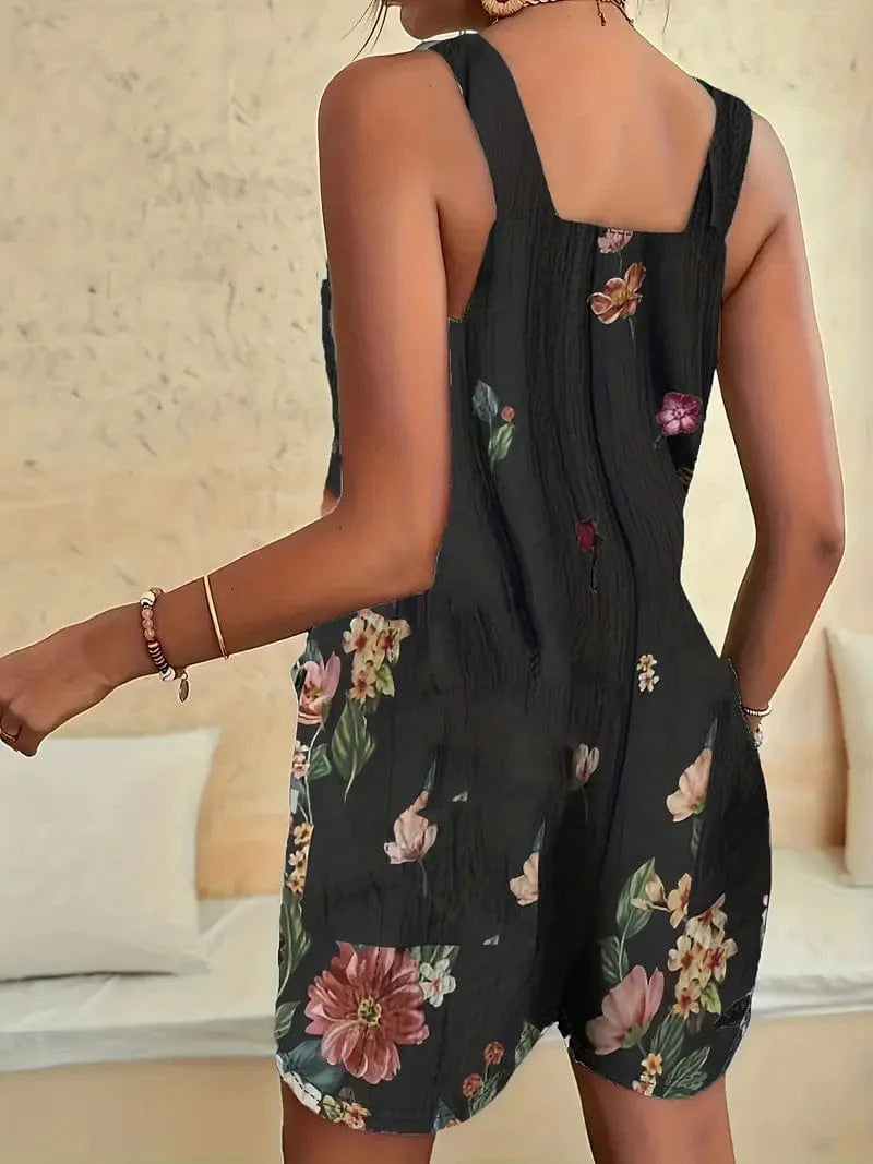 Flowery Print Jumpsuit with Pockets, Sleeveless Casual Romper for Women