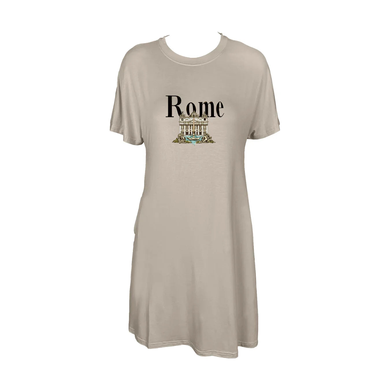 Detailed Trevi Fountain With Rome Print Crew Neck Tee Dress Casual Short Sleeve Dress For Spring & Summer Women's Clothing