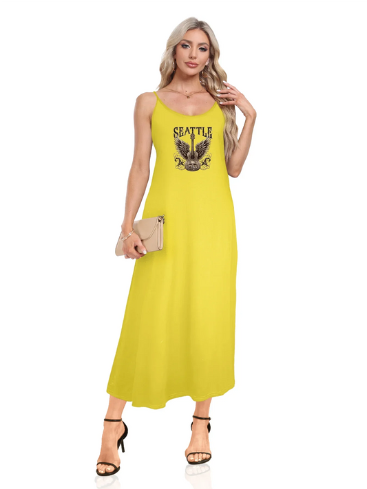 Stylish Winged Guitar With "Seattle" Print Spaghetti Strap Dress Casual Sleeveless Cami Dress Women's Clothing