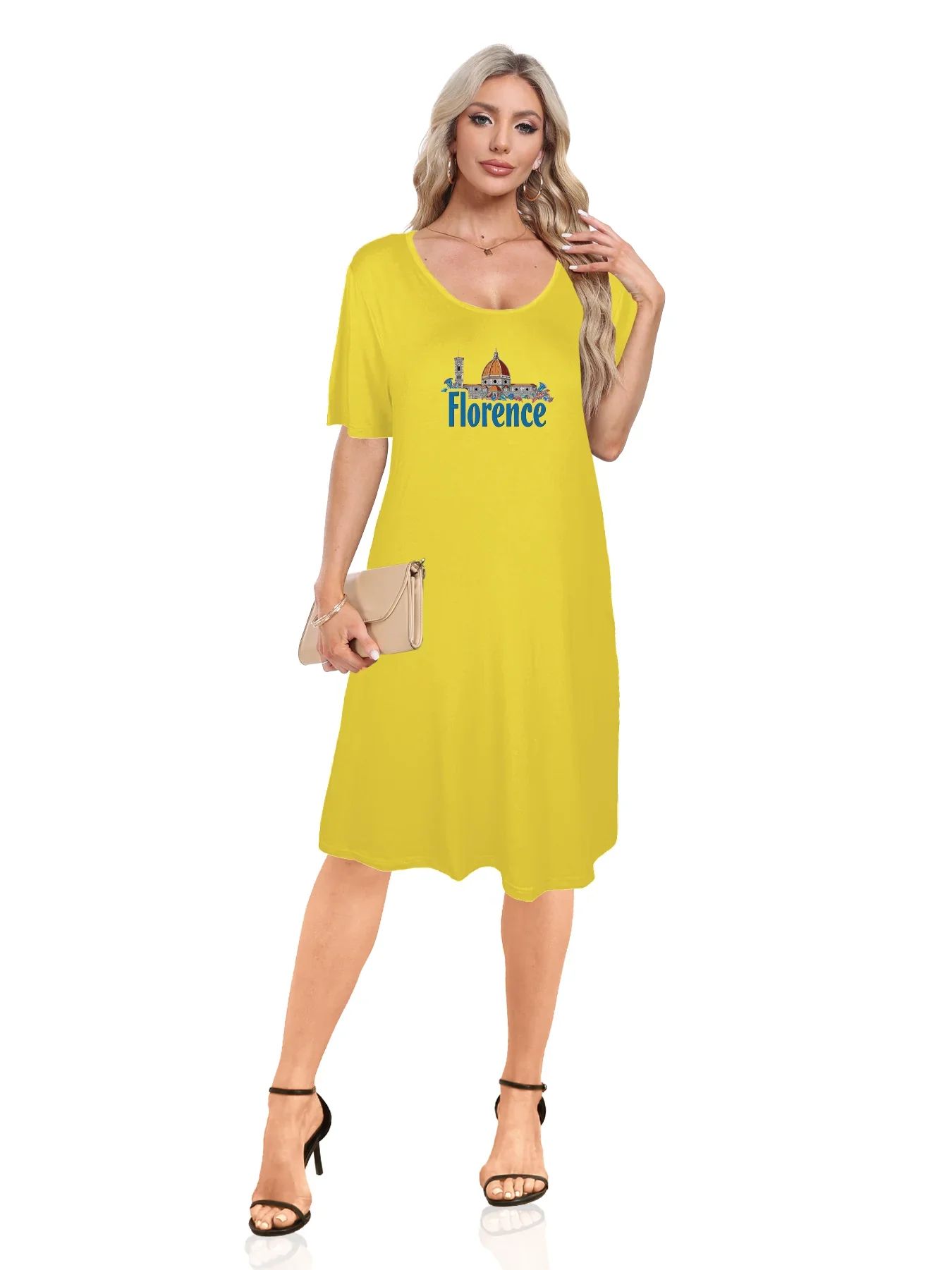 Florence Skyline With Bold Florence Print Dual Pockets Dress Casual Short Sleeve Tee Dress For Spring & Summer Women's Clothing