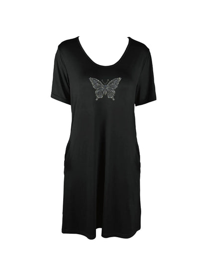 Elegant Butterfly Rhinestone Print Dual Pockets Dress Casual Short Sleeve Tee Dress For Spring & Summer Women's Clothing