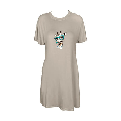 Adorable Giraffe With Teal Glasses Print Crew Neck Tee Dress Casual Short Sleeve Dress For Spring & Summer Women's Clothing