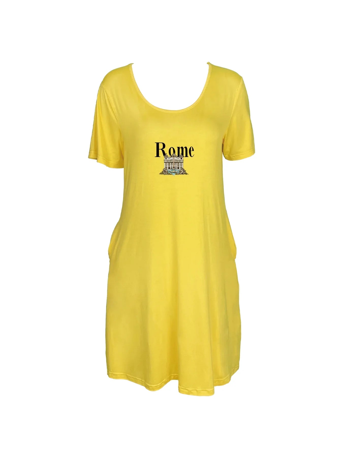 Detailed Trevi Fountain With "Rome" Print Dual Pockets Dress Casual Short Sleeve Tee Dress For Spring & Summer Women's Clothing