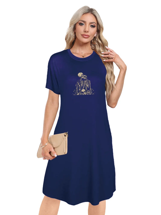 Evocative Skeletons In Love Graphic Print Crew Neck Tee Dress Casual Short Sleeve Dress For Spring & Summer Women's Clothing