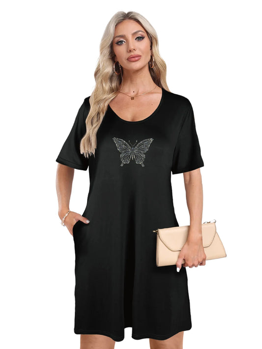 Elegant Butterfly Rhinestone Print Dual Pockets Dress Casual Short Sleeve Tee Dress For Spring & Summer Women's Clothing