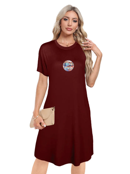 Eye-catching Disco Ball Graphic Print Crew Neck Tee Dress Casual Short Sleeve Dress For Spring & Summer Women's Clothing