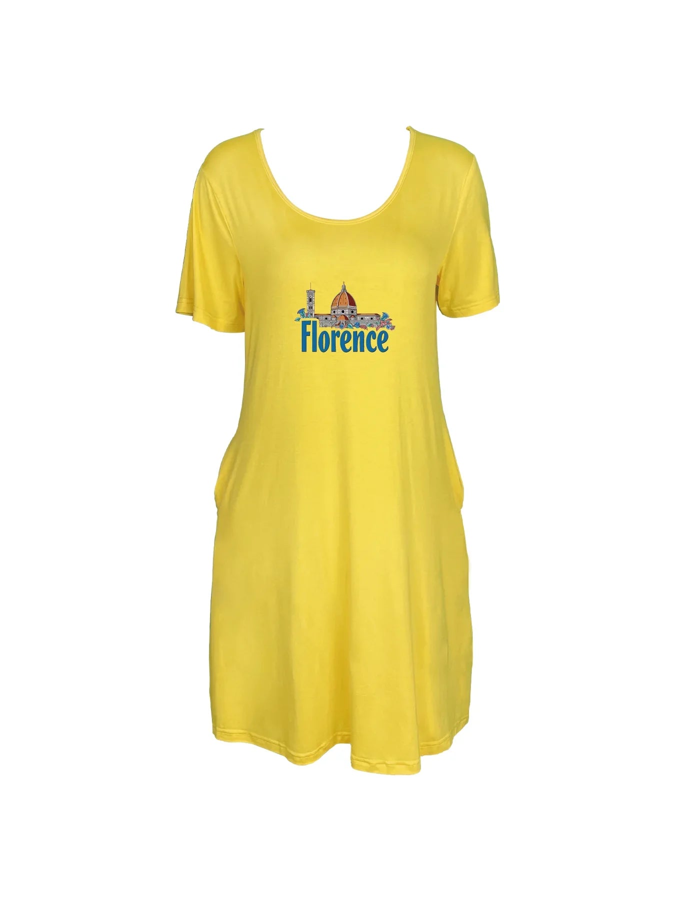 Florence Skyline With Bold Florence Print Dual Pockets Dress Casual Short Sleeve Tee Dress For Spring & Summer Women's Clothing