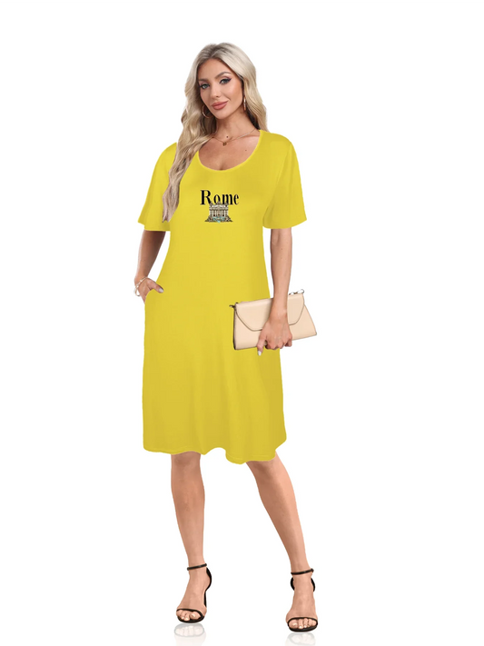 Detailed Trevi Fountain With "Rome" Print Dual Pockets Dress Casual Short Sleeve Tee Dress For Spring & Summer Women's Clothing