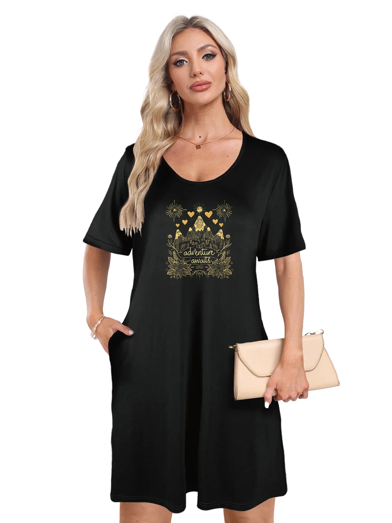 Inspiring Gold 'Adventure Awaits' Print Dual Pockets Dress Casual Short Sleeve Tee Dress For Spring & Summer Women's Clothing