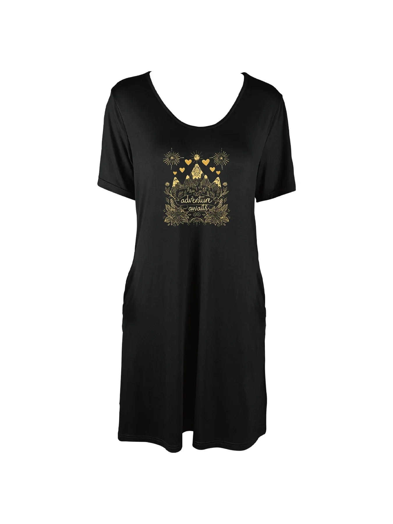 Inspiring Gold 'Adventure Awaits' Print Dual Pockets Dress Casual Short Sleeve Tee Dress For Spring & Summer Women's Clothing