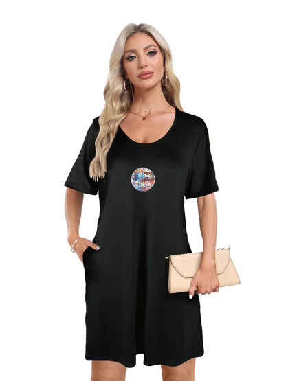 Shiny Disco Ball Graphic Print Dual Pockets Dress Casual Short Sleeve Tee Dress For Spring & Summer Women's Clothing