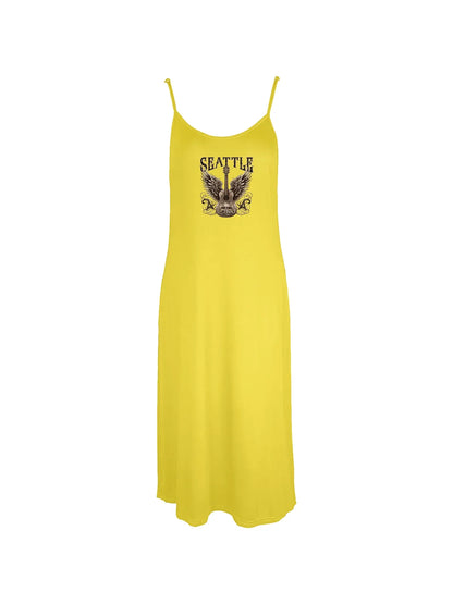 Stylish Winged Guitar With "Seattle" Print Spaghetti Strap Dress Casual Sleeveless Cami Dress Women's Clothing