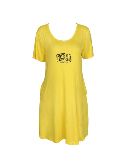 Bold "Texas" And "Houston" Print Dual Pockets Dress Casual Short Sleeve Tee Dress For Spring & Summer Women's Clothing