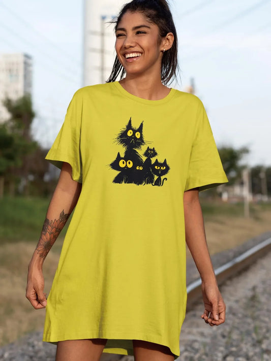 Mystic Feline Trio Whimsical Cat Print Crew Neck Tee Dress Casual Short Sleeve Dress For Spring & Summer Women's Clothing