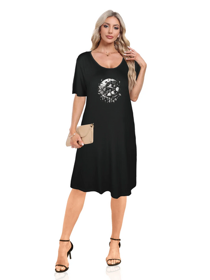 Captivating Mushrooms And Moon Print Dual Pockets Dress Casual Short Sleeve Tee Dress For Spring & Summer Women's Clothing