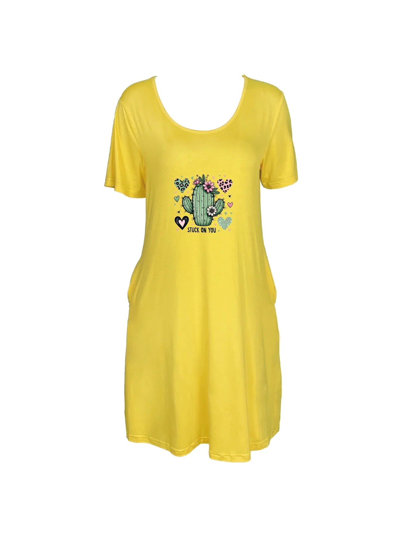 Cactus With Hearts And Flowers Print Dual Pockets Dress Casual Short Sleeve Tee Dress For Spring & Summer Women's Clothing