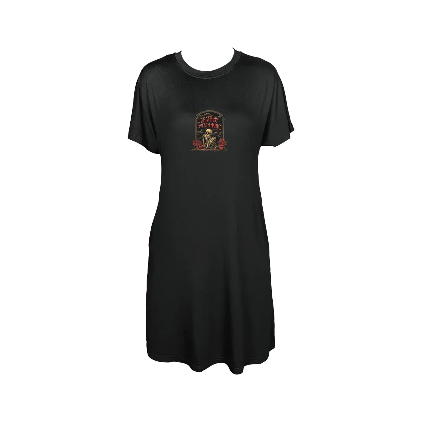 Skeleton With Death By Overthinking Print Crew Neck Tee Dress Casual Short Sleeve Dress For Spring & Summer Women's Clothing