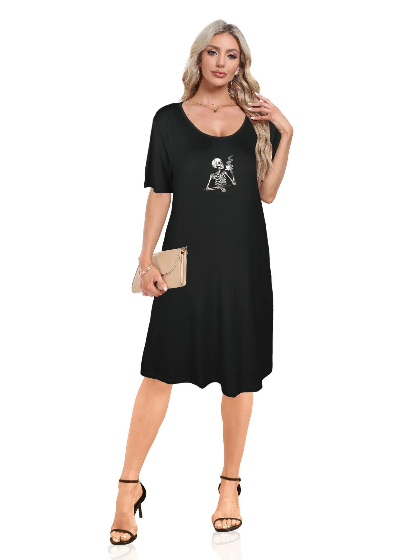 Unique Skeleton Drinking Coffee Print Dual Pockets Dress Casual Short Sleeve Tee Dress For Spring & Summer Women's Clothing