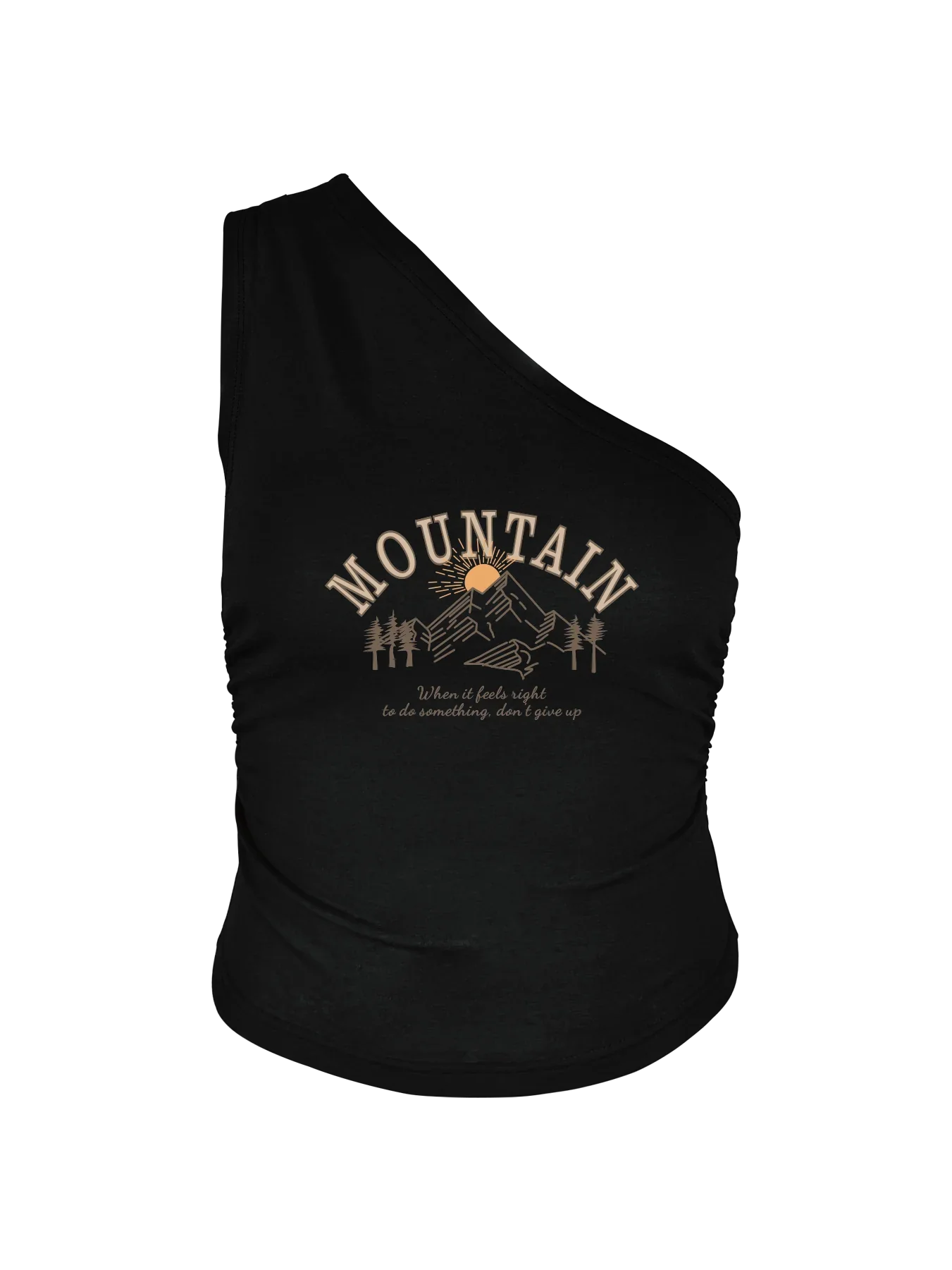 Mountain, Trees, And Sunrise Print Crop One Shoulder Tank Top Sleeveless Casual Top For Summer & Spring Women's Clothing