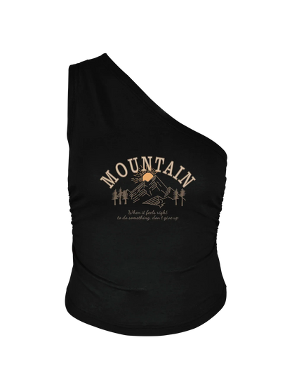 Mountain, Trees, And Sunrise Print Crop One Shoulder Tank Top Sleeveless Casual Top For Summer & Spring Women's Clothing