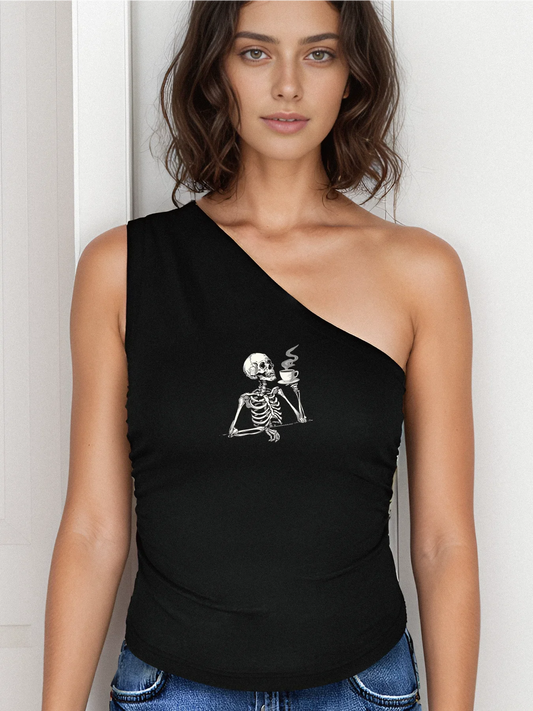 Unique Skeleton Drinking Coffee Print Crop One Shoulder Tank Top Sleeveless Casual Top For Summer & Spring Women's Clothing