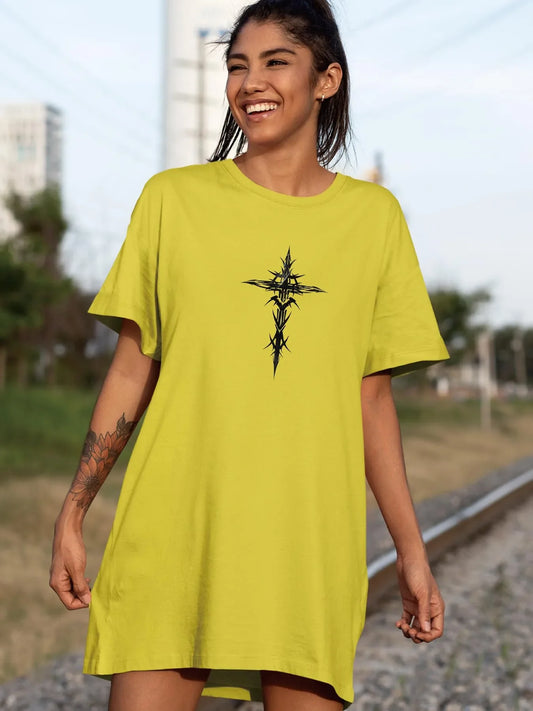 Stellar Cross Geometric Symbol Print Crew Neck Tee Dress Casual Short Sleeve Dress For Spring & Summer Women's Clothing