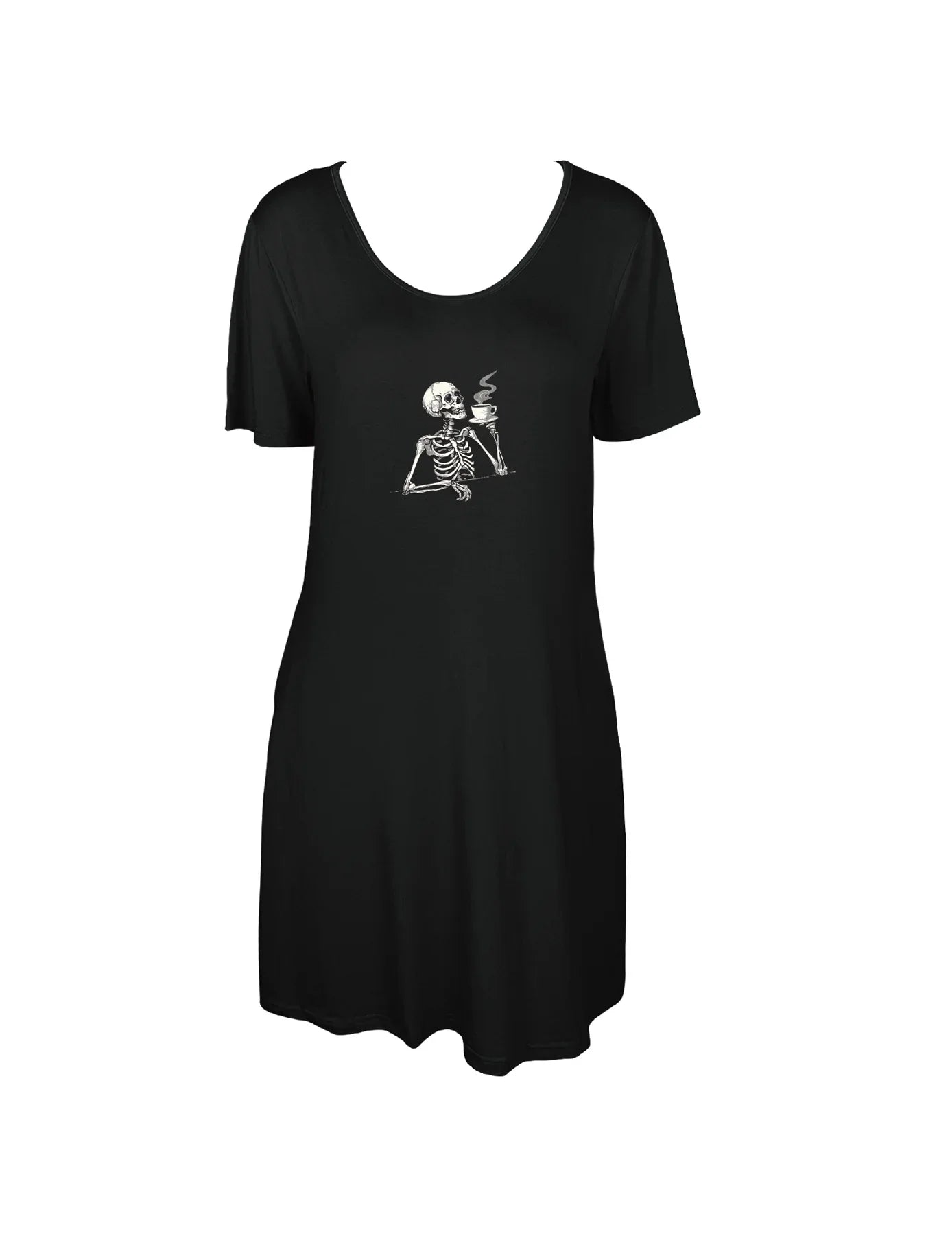 Unique Skeleton Drinking Coffee Print Dual Pockets Dress Casual Short Sleeve Tee Dress For Spring & Summer Women's Clothing