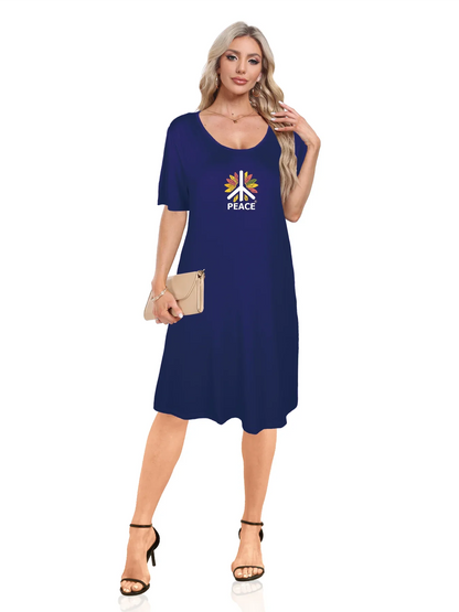 Peace Sign With Colorful Feathers Print Dual Pockets Dress Casual Short Sleeve Tee Dress For Spring & Summer Women's Clothing