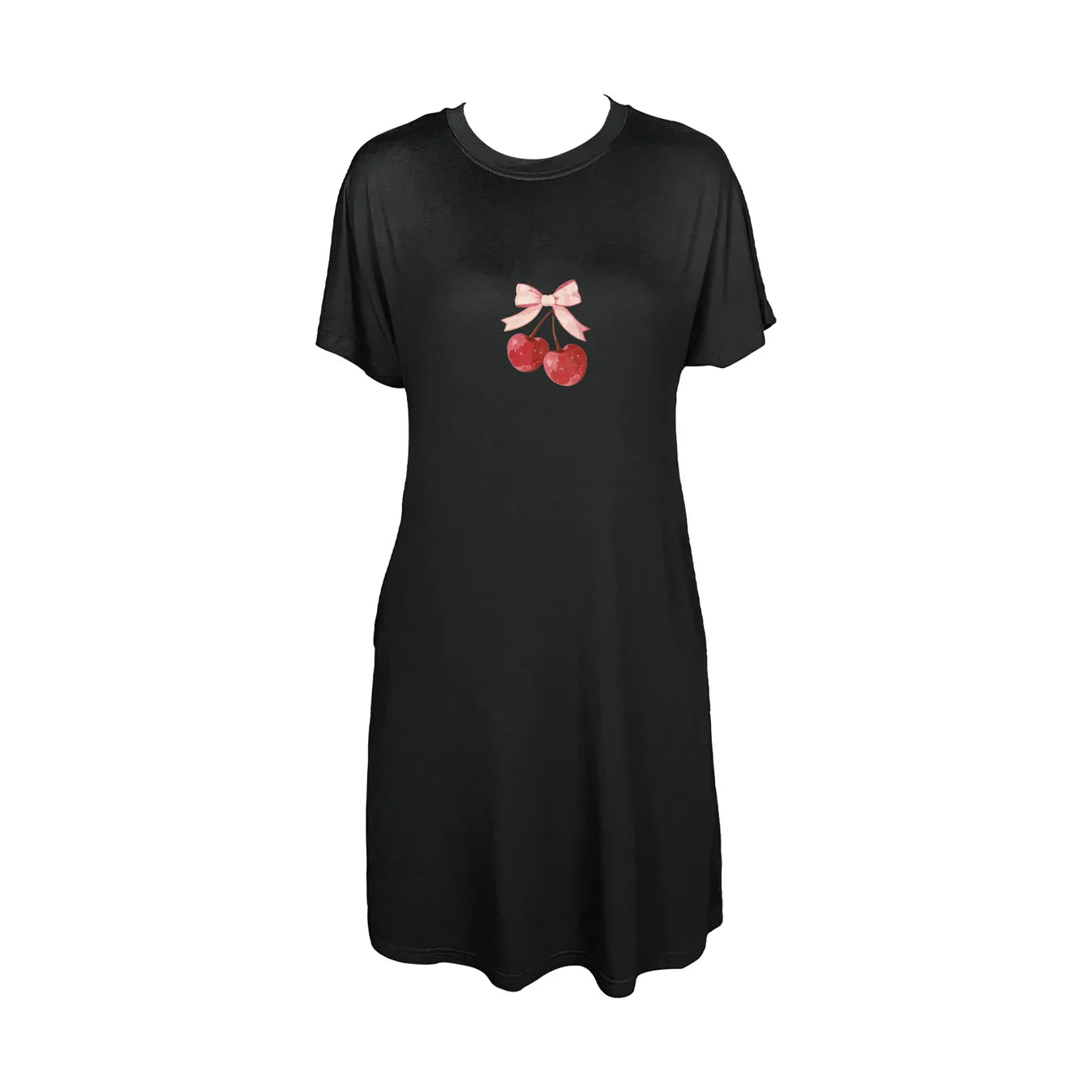 Adorable Cherry And Bow Design Print Crew Neck Tee Dress Casual Short Sleeve Dress For Spring & Summer Women's Clothing