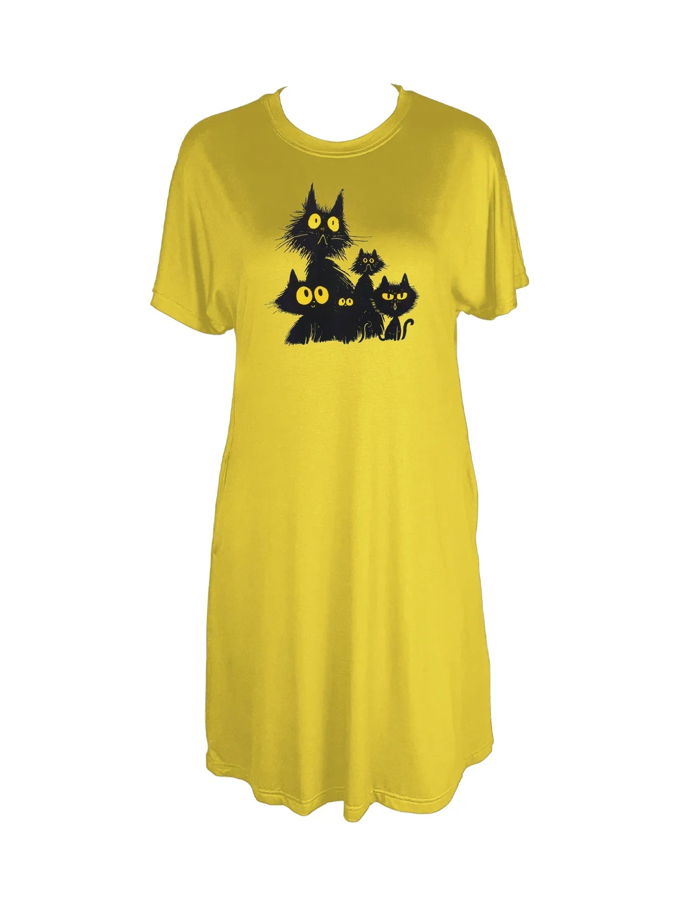 Mystic Feline Trio Whimsical Cat Print Crew Neck Tee Dress Casual Short Sleeve Dress For Spring & Summer Women's Clothing