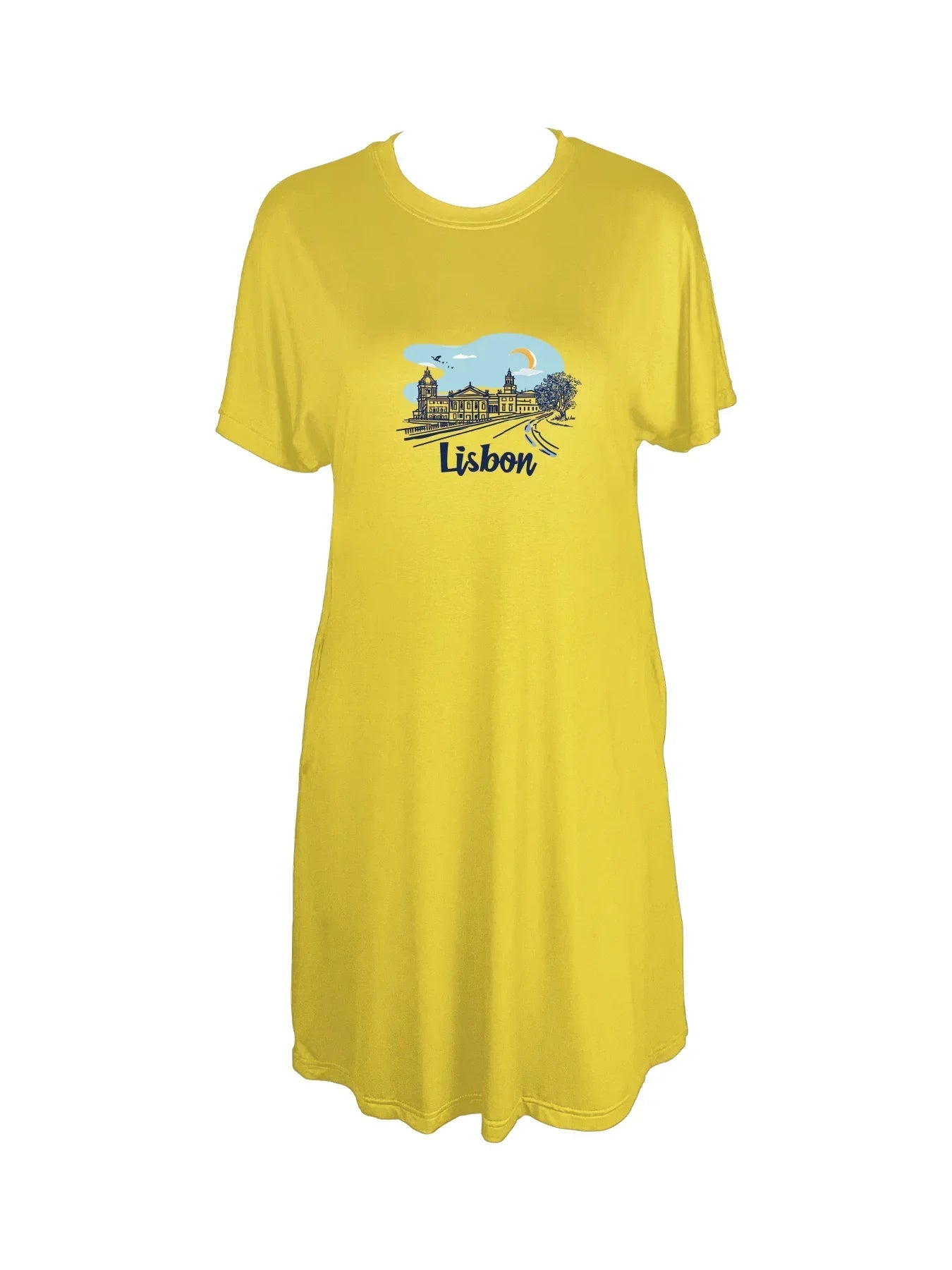 Detailed Lisbon Skyline Graphic Print Crew Neck Tee Dress, Casual Short Sleeve Dress For Spring & Summer, Women's Clothing