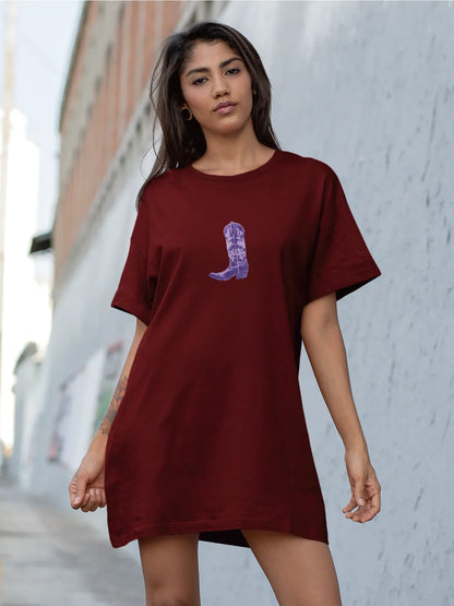 Stylish Purple Cowboy Boot Graphic Print Crew Neck Tee Dress Casual Short Sleeve Dress For Spring & Summer Women's Clothing