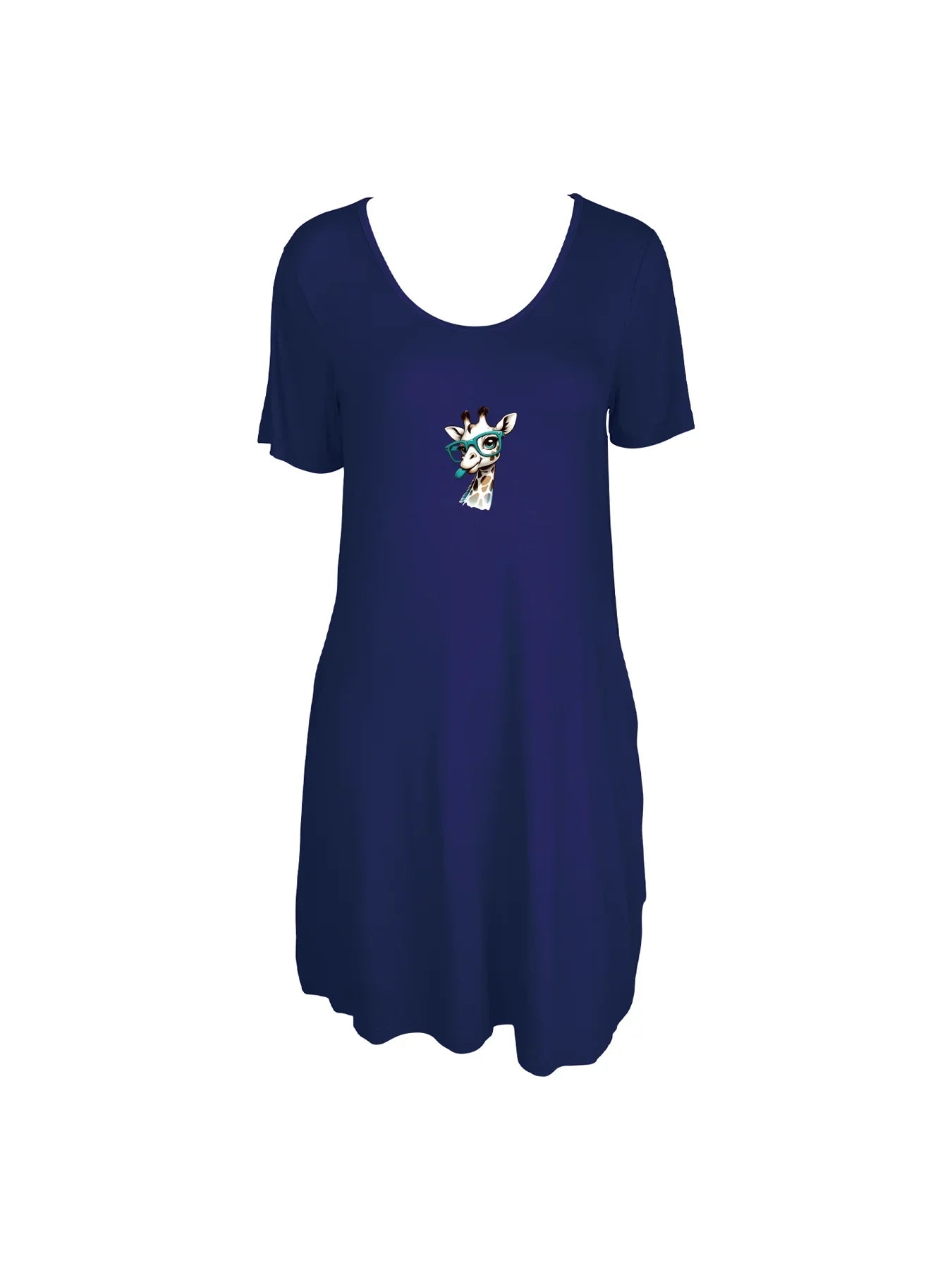 Adorable Giraffe With Teal Glasses Print Dual Pockets Dress Casual Short Sleeve Tee Dress For Spring & Summer Women's Clothing