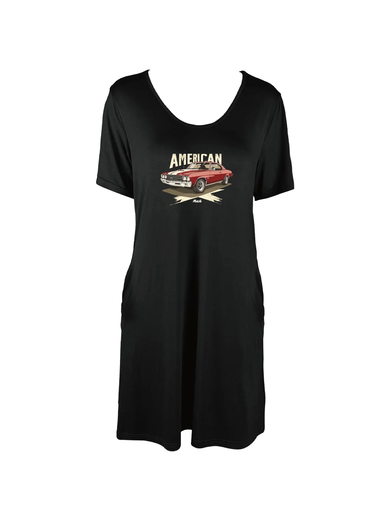 Retro American Style Car Print Dual Pockets Dress Casual Short Sleeve Tee Dress For Spring & Summer Women's Clothing