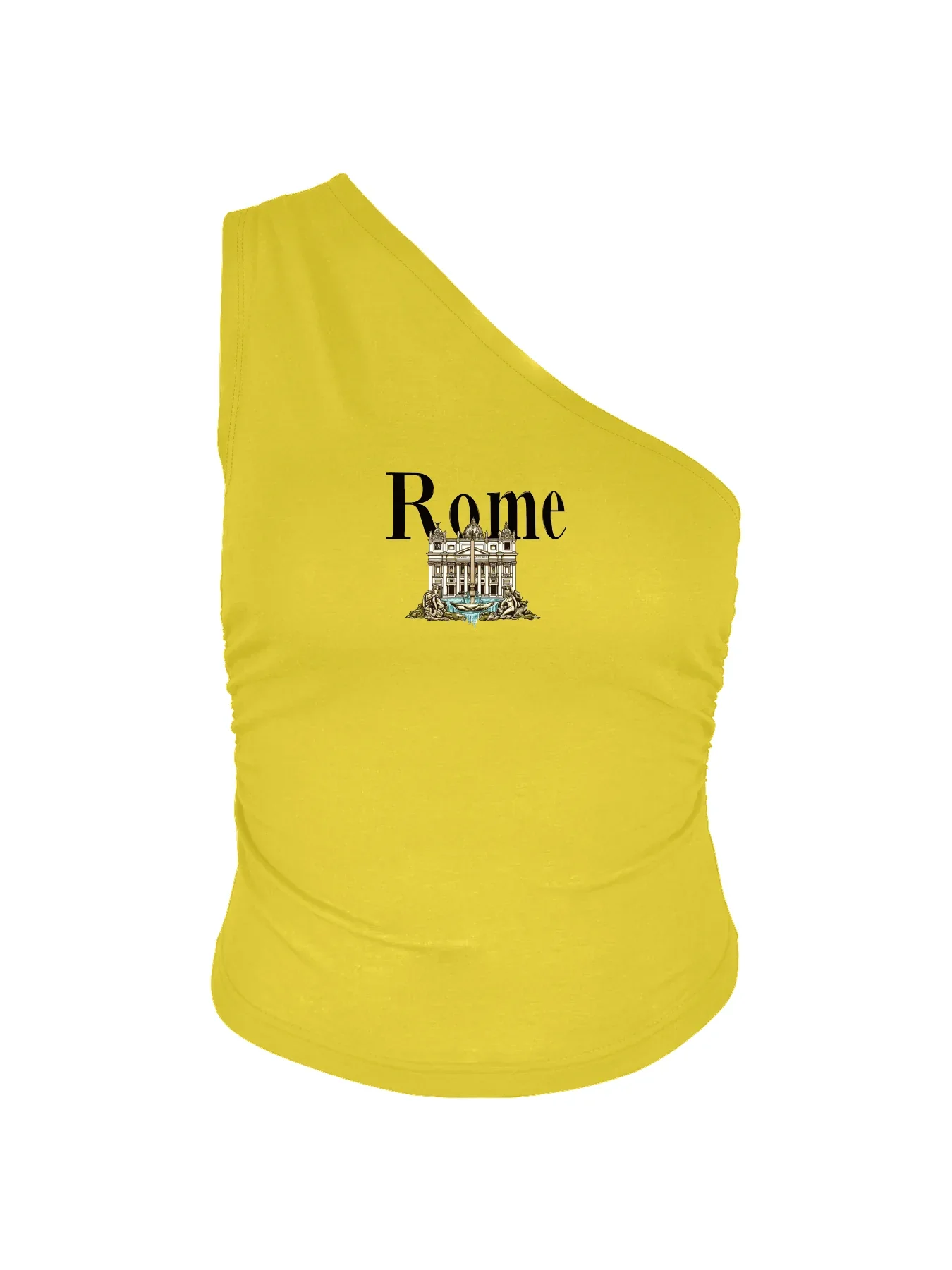 Detailed Trevi Fountain With "Rome" Print Crop One Shoulder Tank Top Sleeveless Casual Top For Summer & Spring Women's Clothing