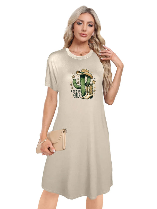 Playful Cactus Cowgirl Graphic Print Crew Neck Tee Dress Casual Short Sleeve Dress For Spring & Summer Women's Clothing