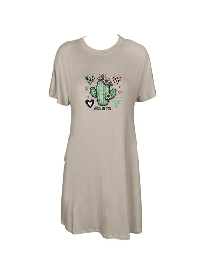 Adorable Cactus Hearts And Flowers Print Crew Neck Tee Dress Casual Short Sleeve Dress For Spring & Summer Women's Clothing