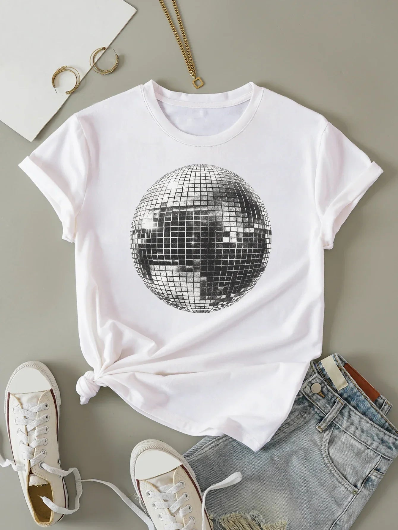 Disco Ball Inspired White Tee with Metallic Print