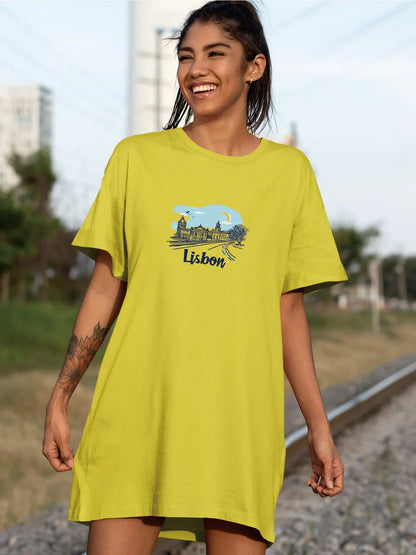 Detailed Lisbon Skyline Graphic Print Crew Neck Tee Dress, Casual Short Sleeve Dress For Spring & Summer, Women's Clothing