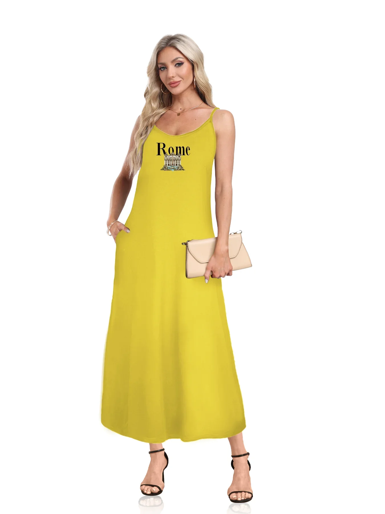 Detailed Trevi Fountain Graphic With Bold "Rome" Print Spaghetti Strap Dress Casual Sleeveless Cami Dress Women's Clothing