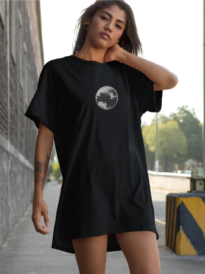 Shiny Disco Ball Graphic Print Crew Neck Tee Dress Casual Short Sleeve Dress For Spring & Summer Women's Clothing