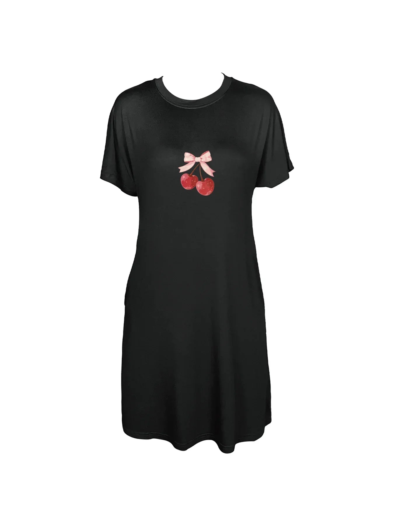 Adorable Cherry And Bow Design Print Crew Neck Tee Dress Casual Short Sleeve Dress For Spring & Summer Women's Clothing