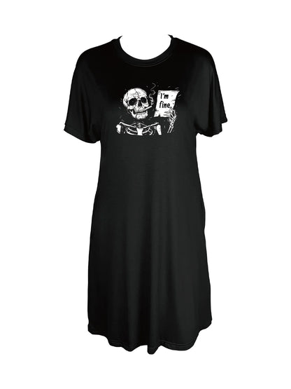 Skeletal Humor Slogan Print Crew Neck Tee Dress Casual Short Sleeve Dress For Spring & Summer Women's Clothing