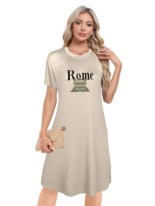 Detailed Trevi Fountain With Rome Print Crew Neck Tee Dress Casual Short Sleeve Dress For Spring & Summer Women's Clothing