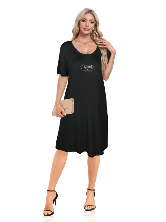 Sophisticated Beauty Print Dual Pockets Dress Casual Short Sleeve Tee Dress For Spring & Summer Women's Clothing