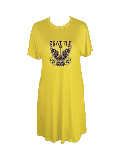 Stylish Winged Guitar With "Seattle" Print Crew Neck Tee Dress Casual Short Sleeve Dress For Spring & Summer Women's Clothing