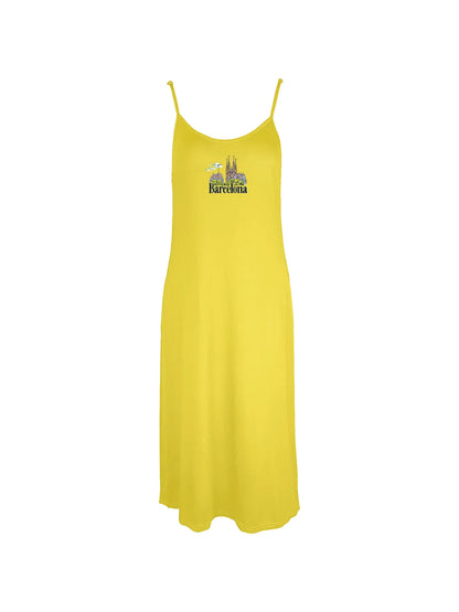 Barcelona Skyline Graphic With Bold Barcelona Print Spaghetti Strap Dress Casual Sleeveless Cami Dress Women's Clothing