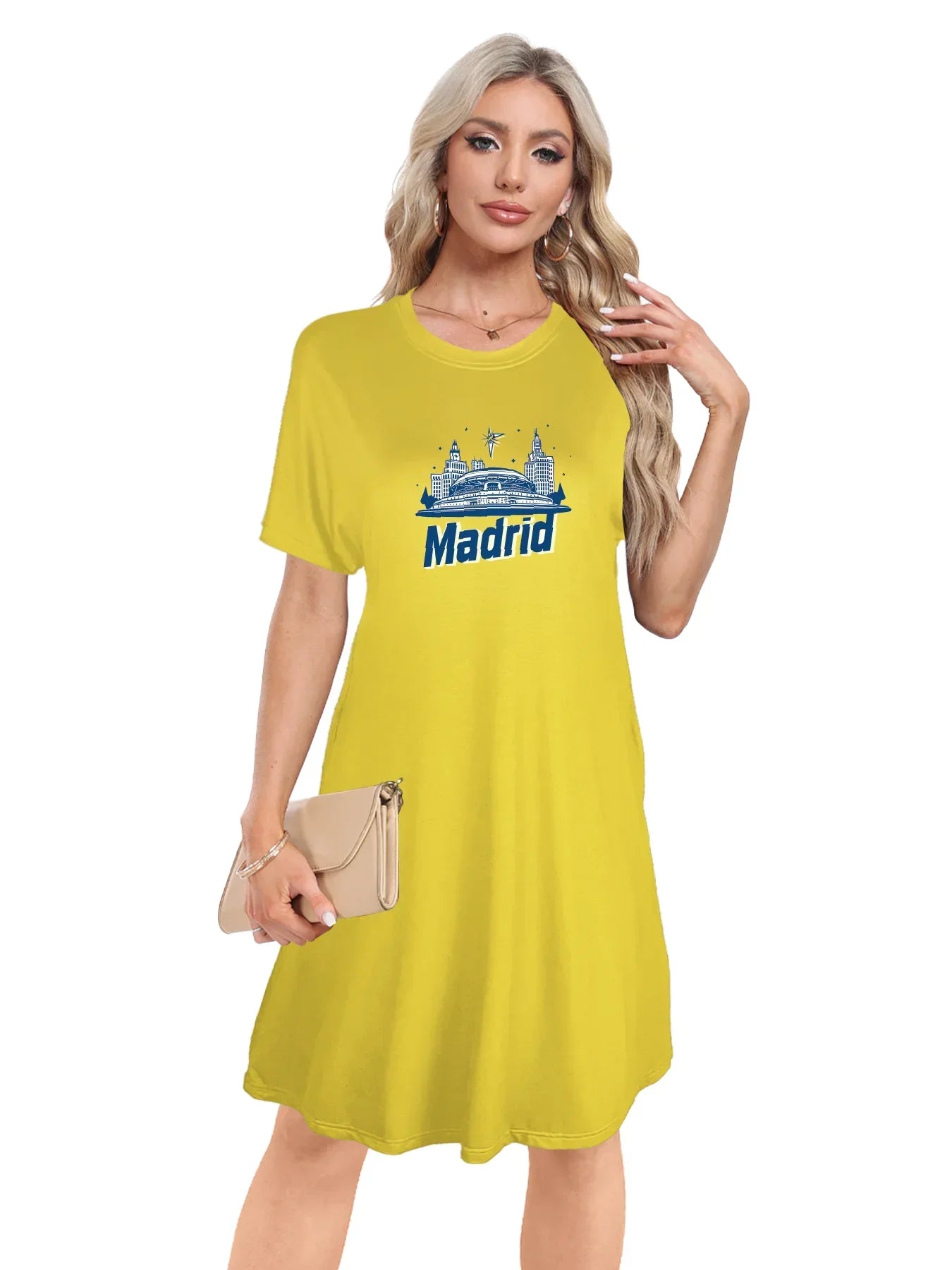 Madrid skyline Madrid Print Crew Neck Tee Dress, Casual Short Sleeve Dress For Spring & Summer, Women's Clothing