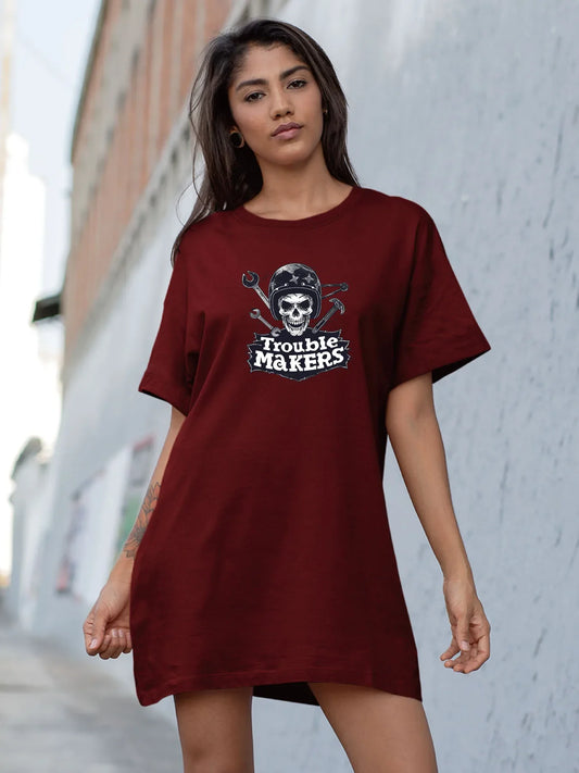 Rebel Spirit Skull and Tools Print Crew Neck Tee Dress Casual Short Sleeve Dress For Spring & Summer Women's Clothing